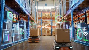 Warehouse Distribution Center with Technology Projection Highlighting Invetory Management Efficiency